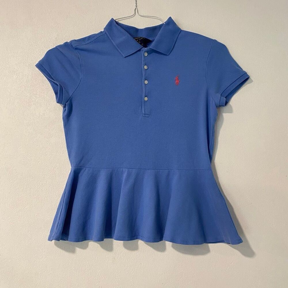 Polo Ralph Lauren Girls Blue Peplum Polo Shirt Pink Pony Size XL 16